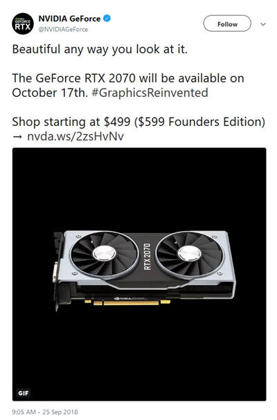 RTX2070顯卡發(fā)售時間確定 10月17日見