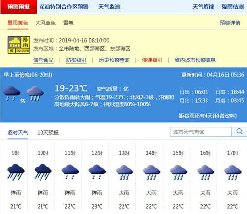 今日深圳分散陣雨轉(zhuǎn)大雨 全市發(fā)布暴雨黃色預(yù)警
