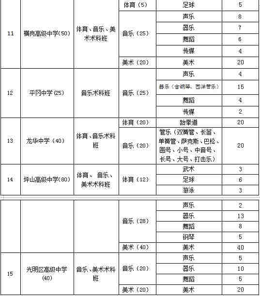 2019年深圳市公辦高中體育藝術(shù)術(shù)科特色班自主招生計劃