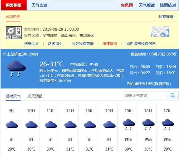 深圳8月29日天氣 臺風(fēng)白色預(yù)警信號生效中