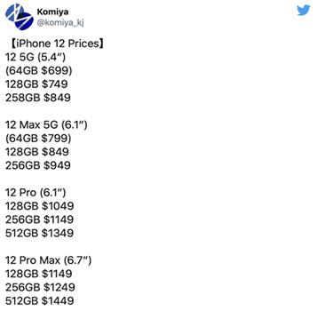 iPhone 12系列售價曝光 或從699元起售