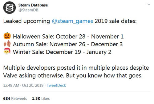 2020十月至十二月Steam促銷活動時間曝光