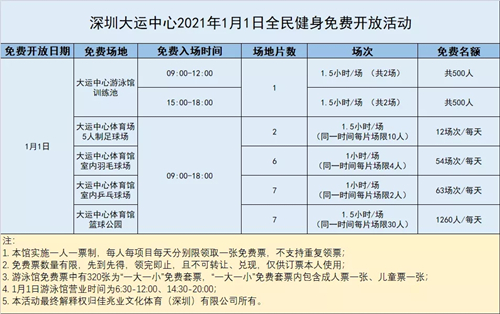 2021元旦期間大運(yùn)中心全民健身免費(fèi)開放詳情