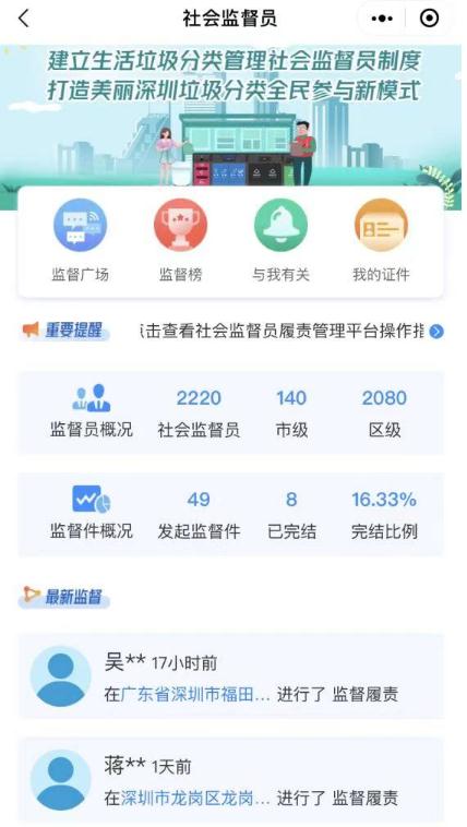 深圳垃圾分類社會監(jiān)督員服務平臺上線