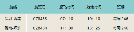 2021南航夏航季隴南至深圳航班最新計劃表