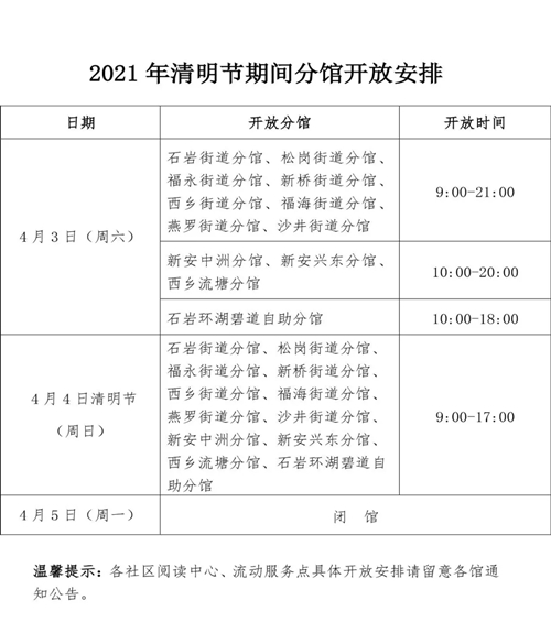 2021清明節(jié)期間寶安圖書館分館開放時間