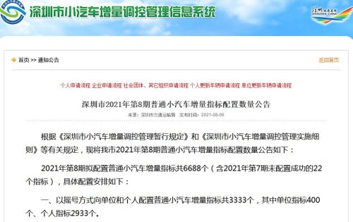 深圳2021年第8期普通小汽車增量指標配置數(shù)量一覽