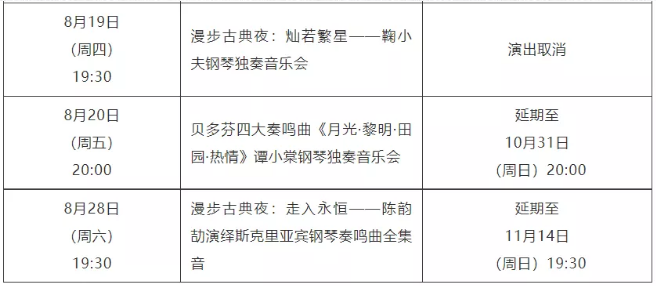 深圳音樂廳8月部分延期演出變更情況