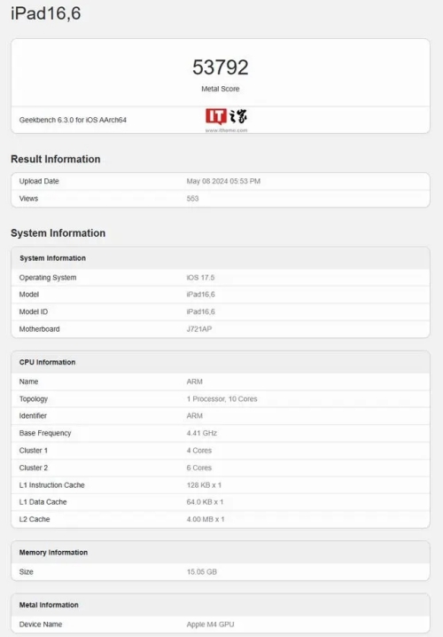 蘋果M4款iPad Pro跑分曝光：?jiǎn)魏诵阅軓?qiáng)勁，多核能力卓越