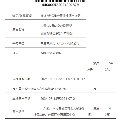 2024劉德華廣州演唱會安排一覽