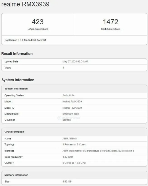 realme真我C63手機(jī)跑分曝光：紫光展銳T612芯片+6GB內(nèi)存